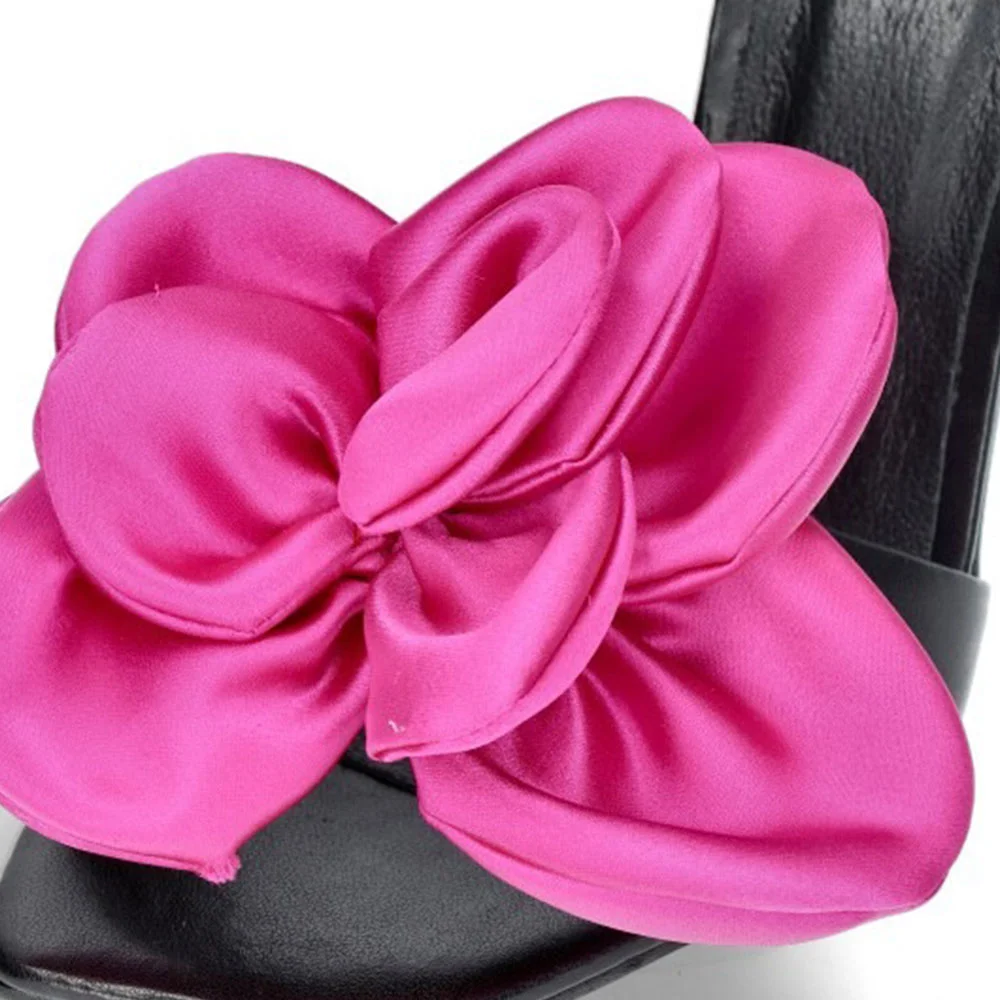 Faux Leather Flared Heel Ankle Strap Flower Black Sandals for Women