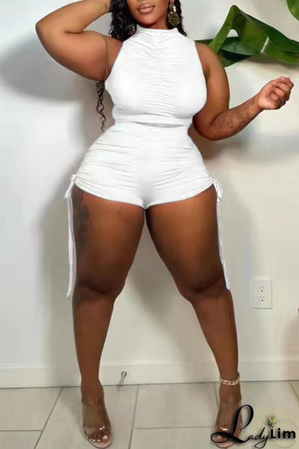 White Sexy Solid Bandage Split Joint Fold O Neck Sleeveless Two Pieces