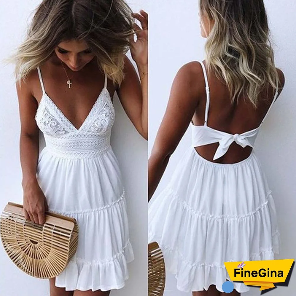 Women Summer Backless Mini Dress White Evening Party Beach Dresses Sundress