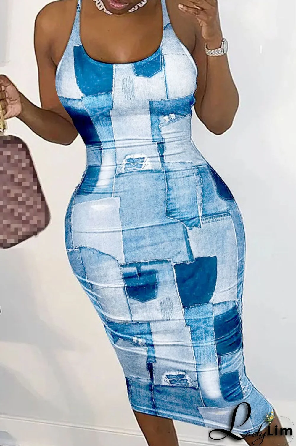 Dark Blue Sexy Print Patchwork Backless Spaghetti Strap Pencil Skirt Dresses