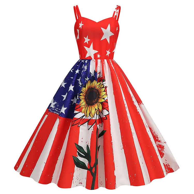 Flag Sunflower Print High Waist Retro A-line Slip Dress - Modakawa modakawa