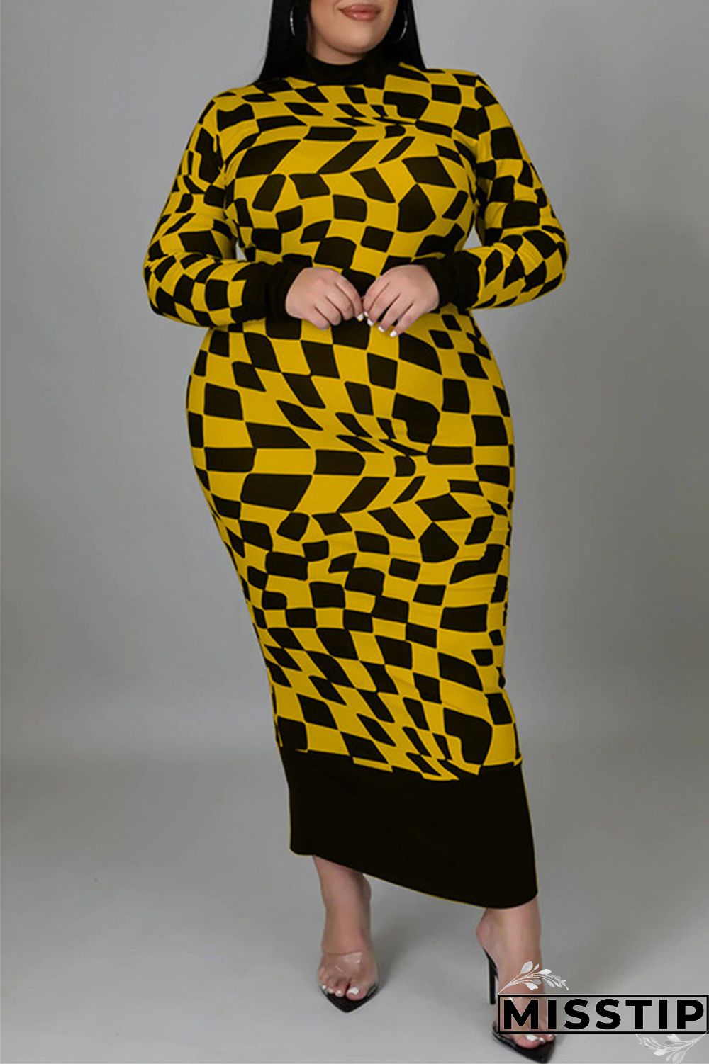 Yellow Casual Plaid Print Patchwork Half A Turtleneck Long Sleeve Plus Size Dresses