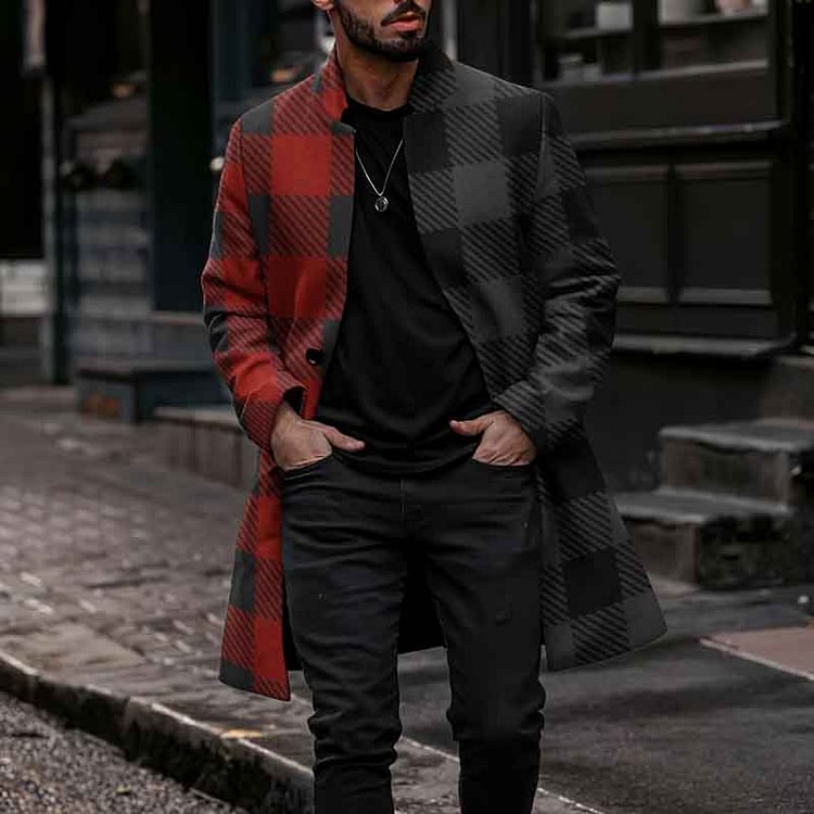 BrosWear Stitched Contrasting Plaid Mid Length Coat