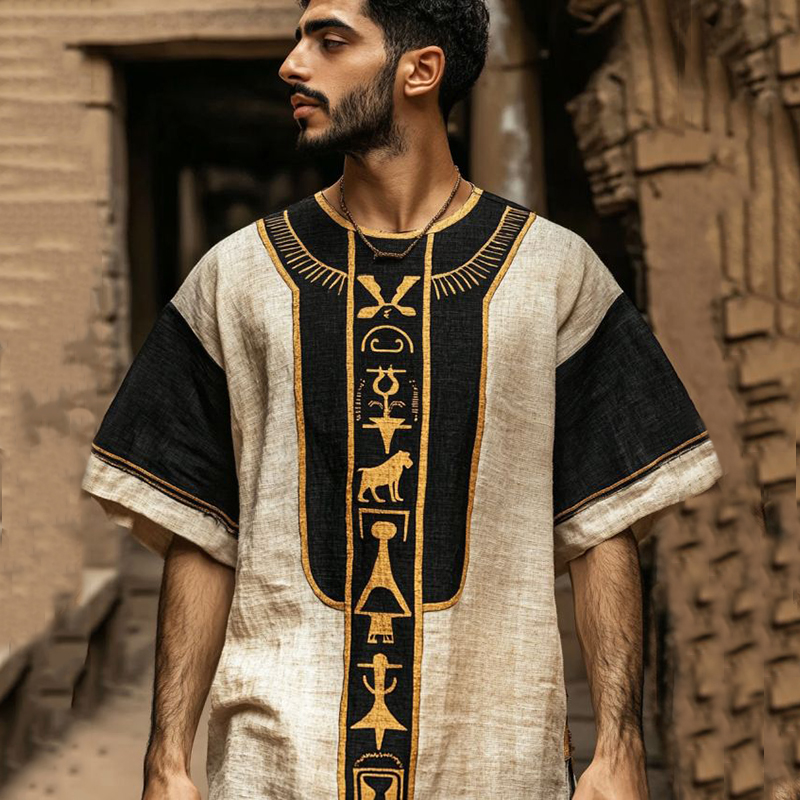 Vintage Egyptian Rune Embroidered Contrast Linen Shirt