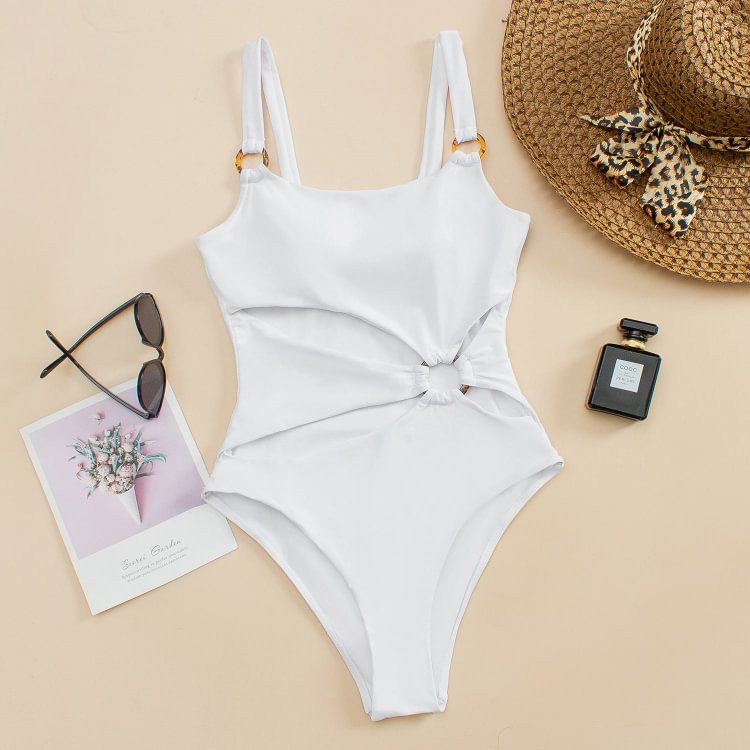Flaxmaker Sexy Cutout Solid Color Metal Ring Stitching One Piece Swimsuit
