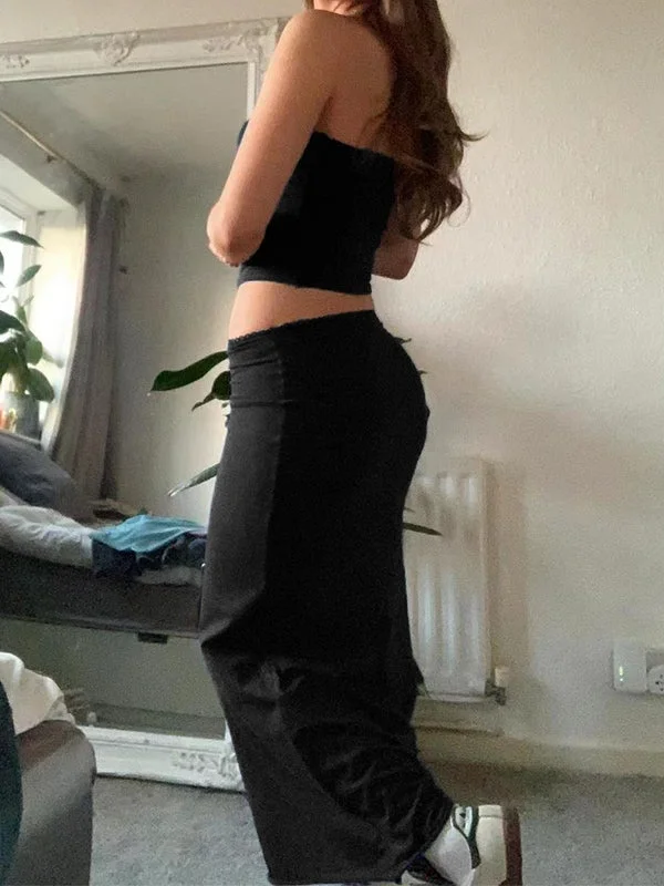 Brownm black two-piece set with bandeau top and midi skirt