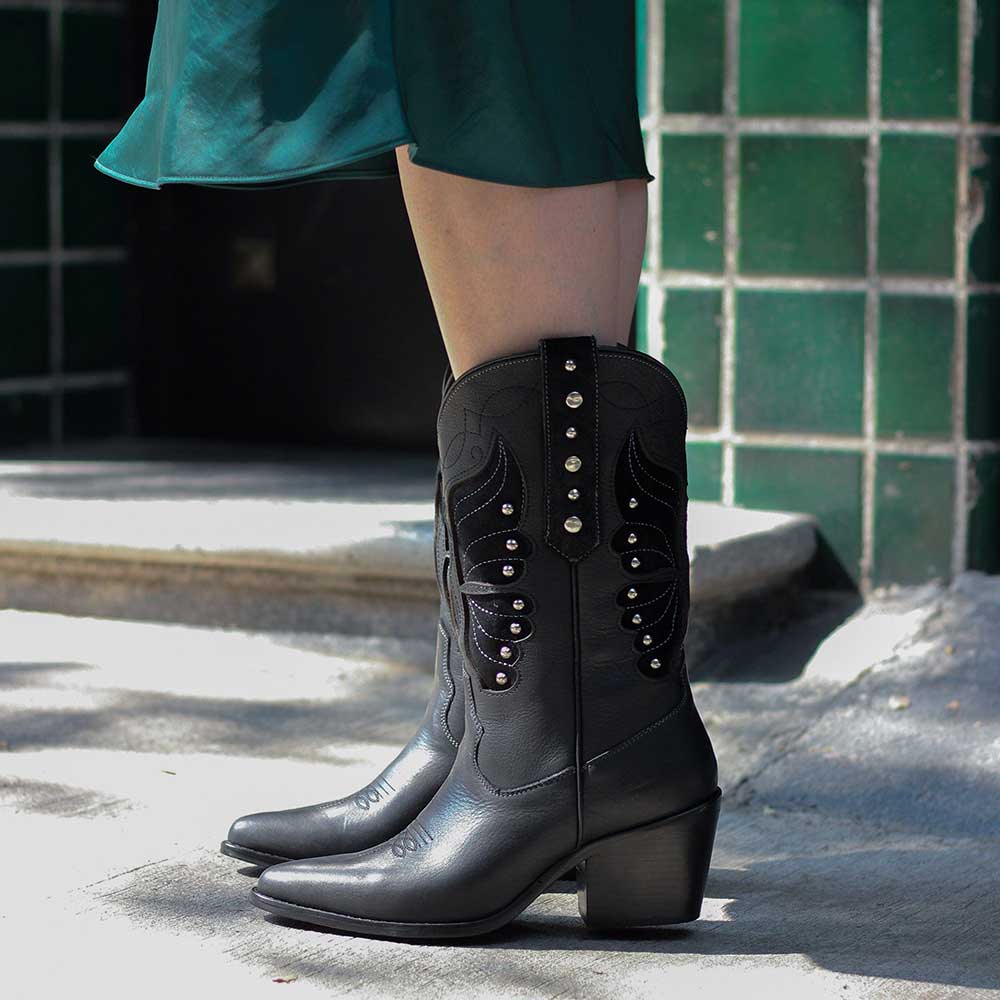 Black Pointed Toe Chunky Heel Studded Butterfly Mid-Calf Cowgirl Boots Nicepairs