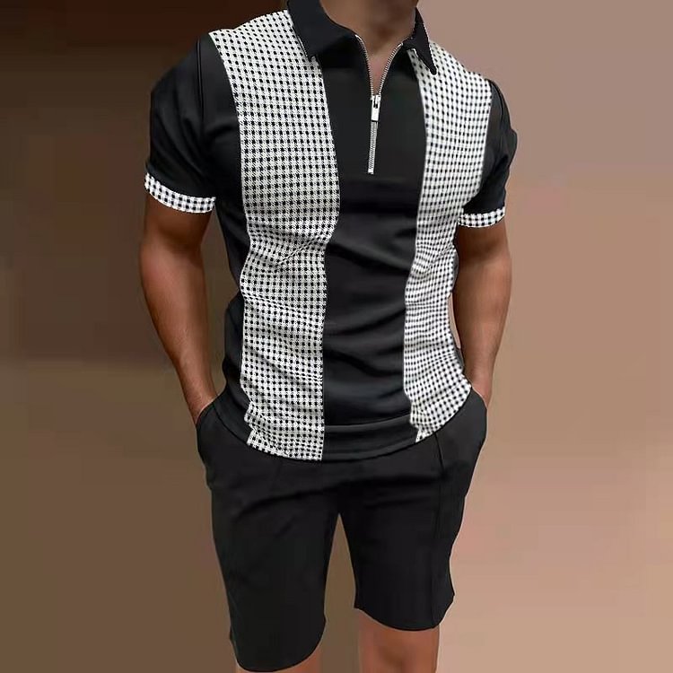 BrosWear Check Colorblock Short Sleeve Polo Shirt And Shorts Two Piece Set