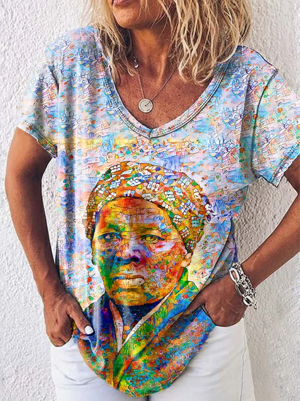 Women's Juneteenth Harriet Tubman Underground Railroad in Contemporary Vibrant Print V-Neck Tee