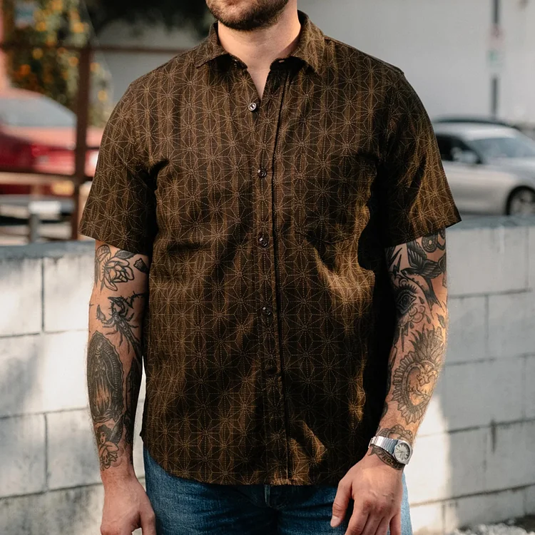 Vintage Printed Cotton and Linen Short Sleeve Shirt