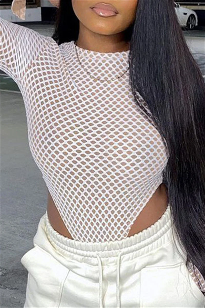 Fashion Sexy Solid Hollowed Out See-through O Neck Skinny Jumpsuits