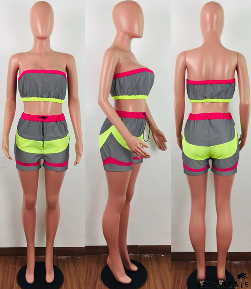 Sexy Reflective Tube Tops Shorts Sports 2 Piece Sets