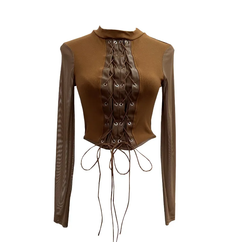 Churchf Real Shoot Spice Girls Strap Spliced Pu Skin Repair Slim Semi-High Collar Long Sleeve Top Short T-Shirt 8886