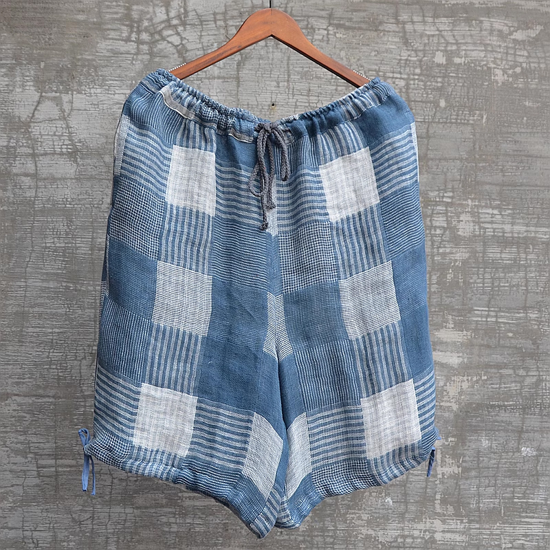 Men's Fashion Plaid Cotton and Linen Straight Shorts