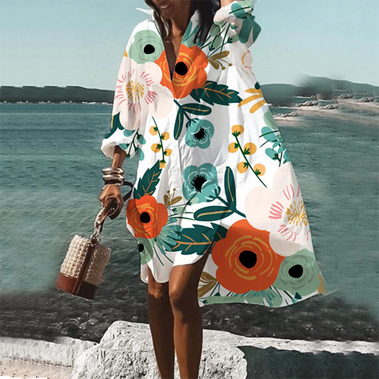 Casual Floral Print Loose Midi Dress