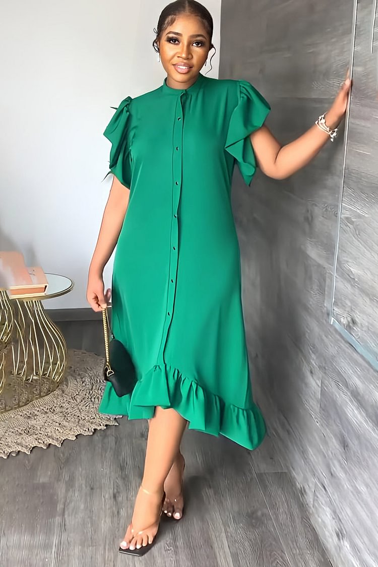 Ruffle Petal Sleeve Button Midi Dresses