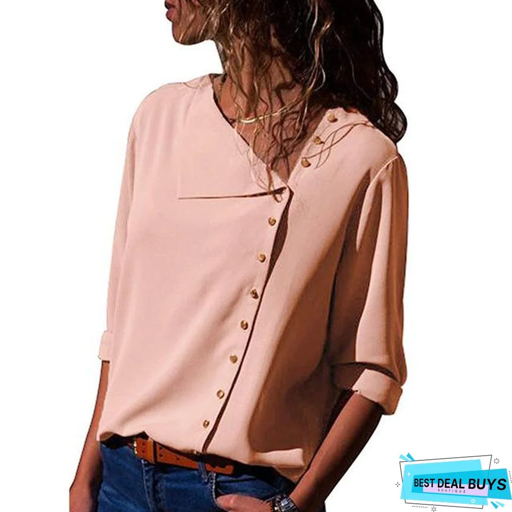 Women Chiffon Blouse Long Sleeve Skew Collar Solid Casual Tops Blouse