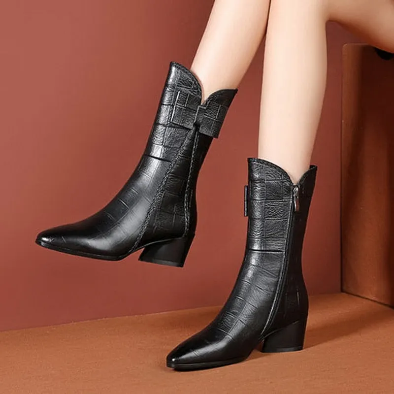 Short Boots Woman 2020 Mid Calf Boots Women's Winter Shoes Plush Booties Bowtie Block Heel Side Zipper Female Footware BLACK