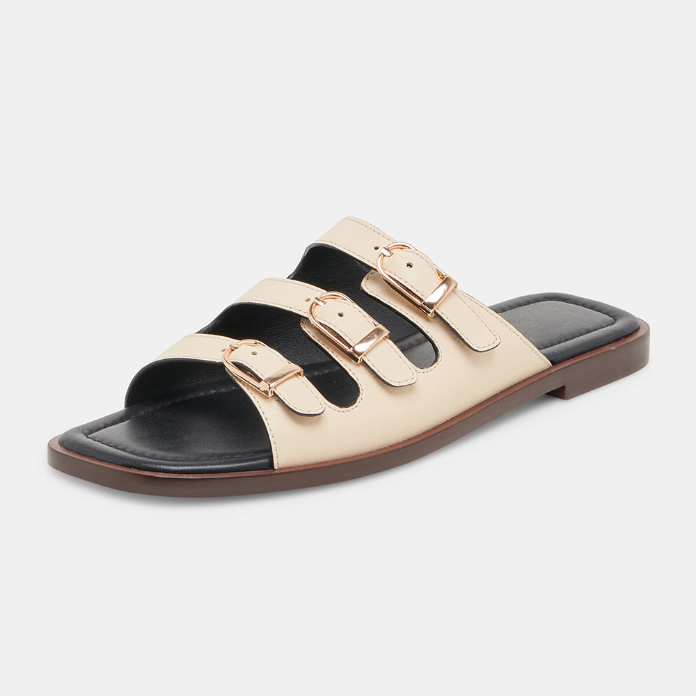 Elegant Beige Faux Leather Square Toe Slide Flat Summer Sandals Nicepairs