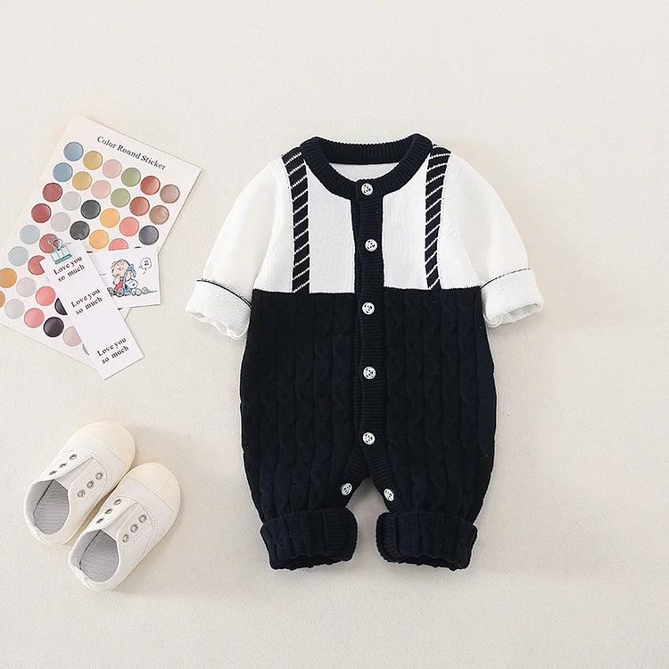 Baby Boy Mock Two-pieces Block Color Long Sleeve Knitted Romper