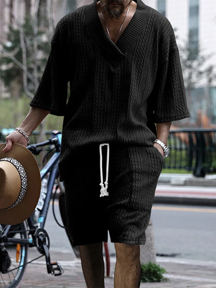Men's Retro Jacquard Knit V Neck 3/4 Sleeve Shirt Drawstring Shorts Two Piece Set