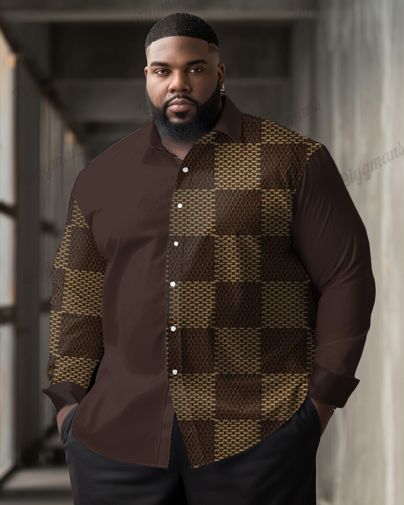 Men's Plus Size Geometric Block Mosaic Casual Long Sleeve Shirt