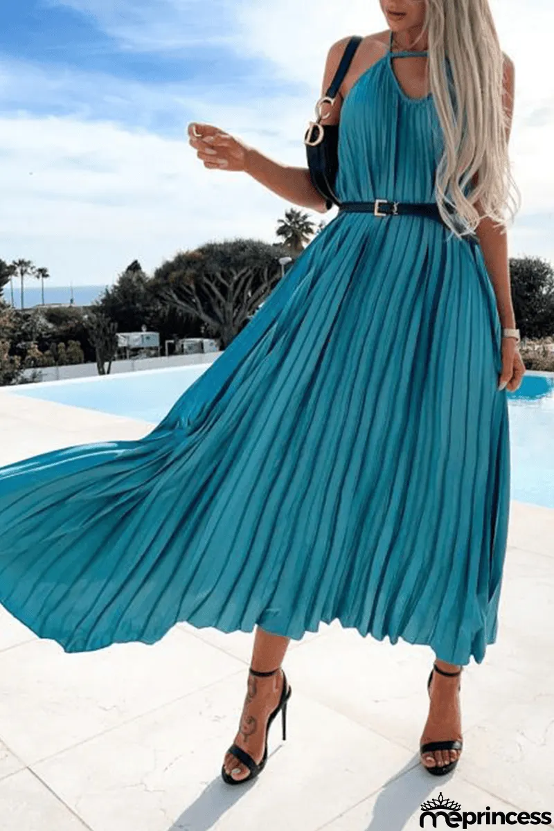 Pleated Halter Neck Backless Maxi Dress