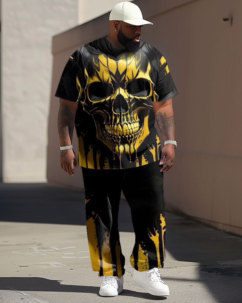 Men's Plus Size Street Fashion Golden Skull Print T-Shirt Trousers Set