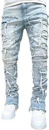 Conshvi Men's Slim Fit Stretch Jeans Distressed Patchwork Stacked Frayed Straight Leg Skinny Denim Pants