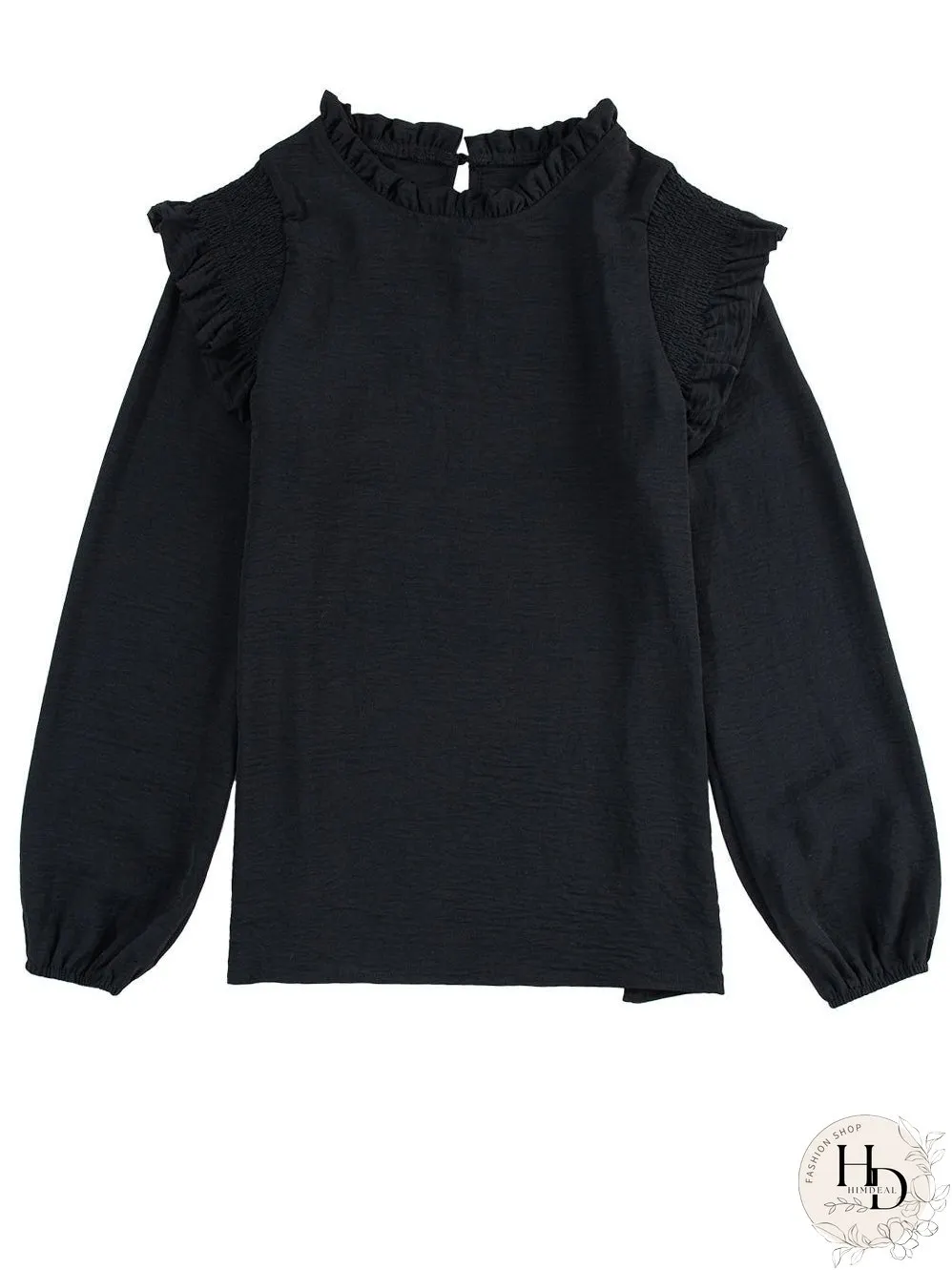 Elegant Black Ruffled Shoulder Bubble Sleeve Blouse