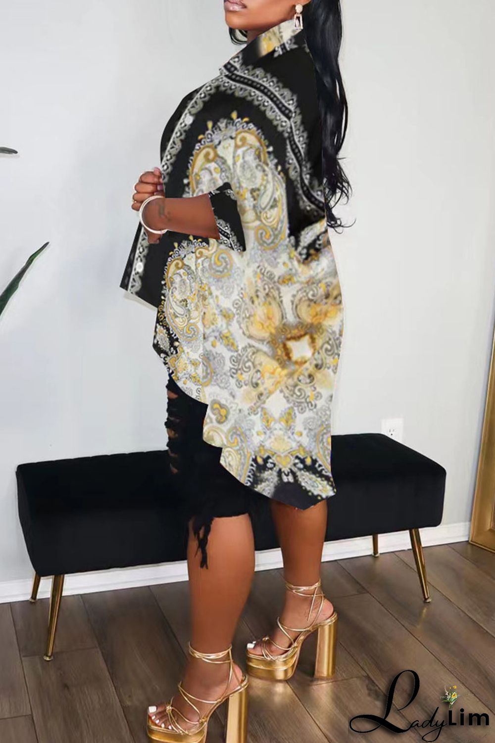 Black Casual Print Split Joint Buckle Turndown Collar Tops