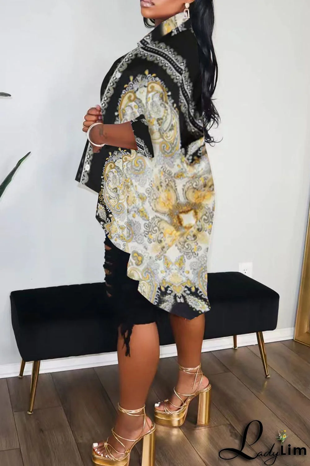 Black Casual Print Split Joint Buckle Turndown Collar Tops