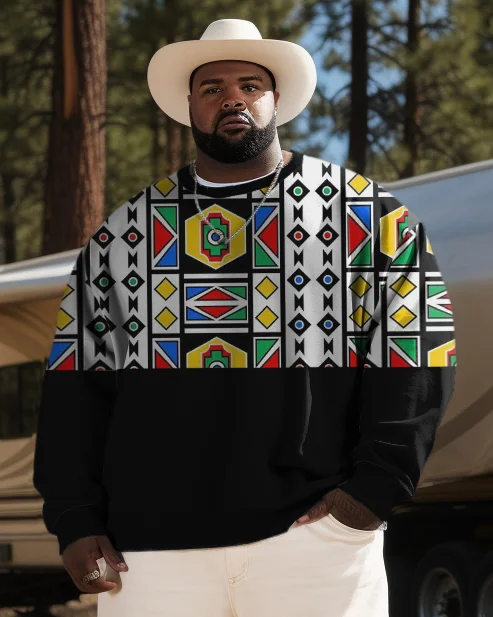 Men's Plus Size Western Ethnic Geometric Color Block Crew Neck Long Sleeve Sweatshirt