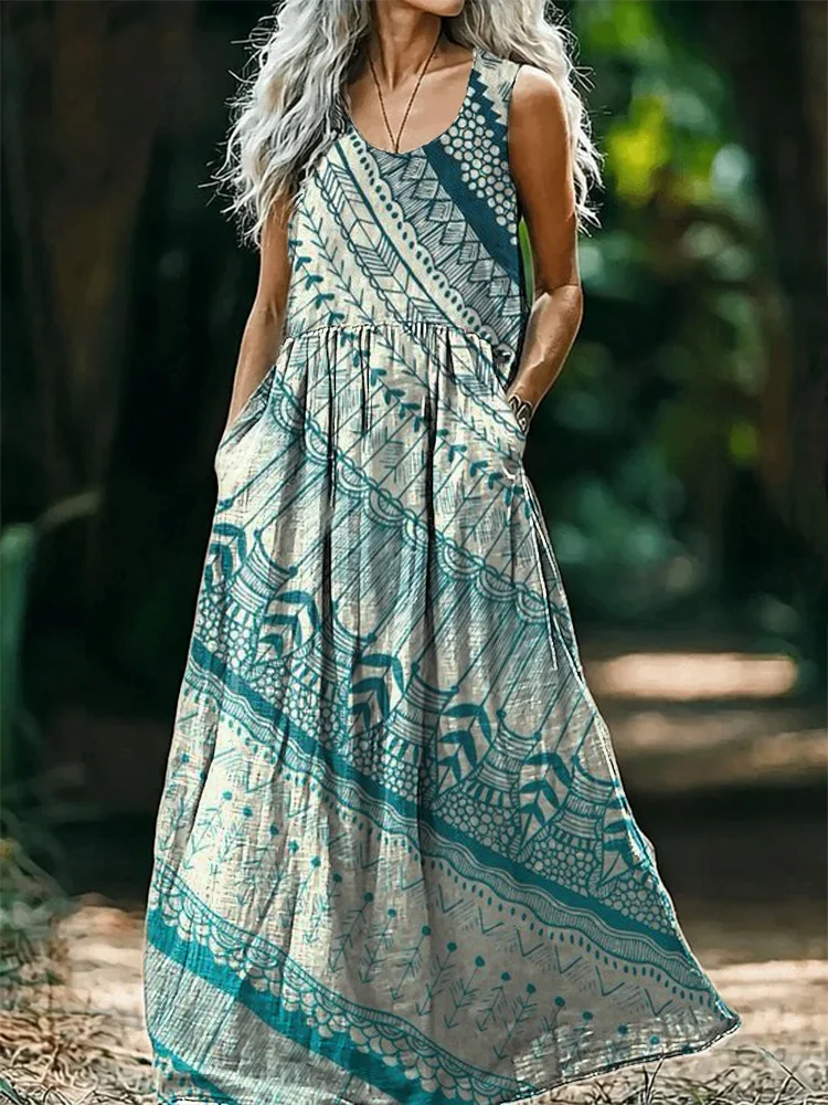 Women's Mandala Embellished Pattern Art Print Round Neck Sleeveless Cotton Pocket Dress