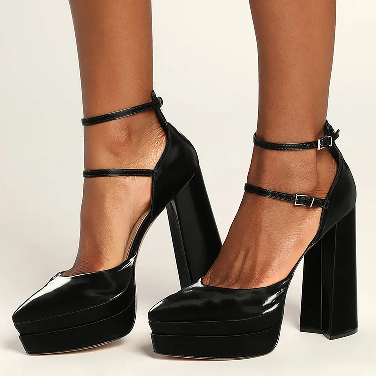 Black Patent Leather Platform Pumps Ankle Strap Chunky Heels |FSJ Shoes