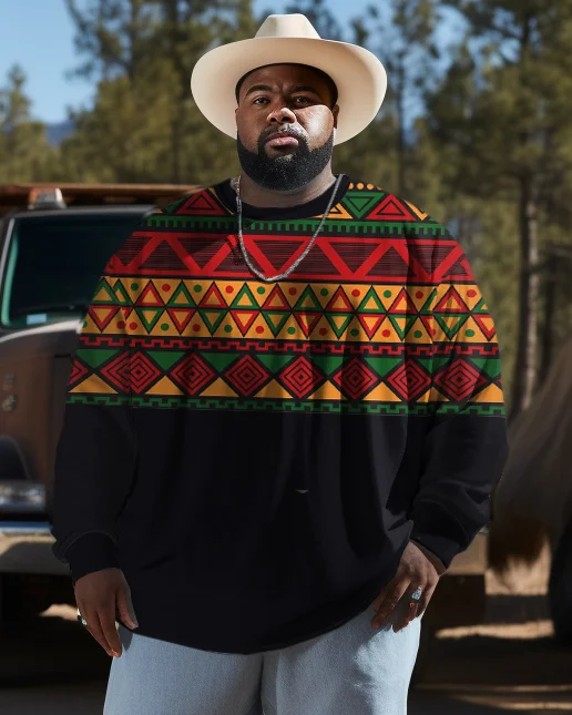 Men's Plus Size Western Ethnic Color Block Triangle Diamond Long Sleeve Sweatshirt