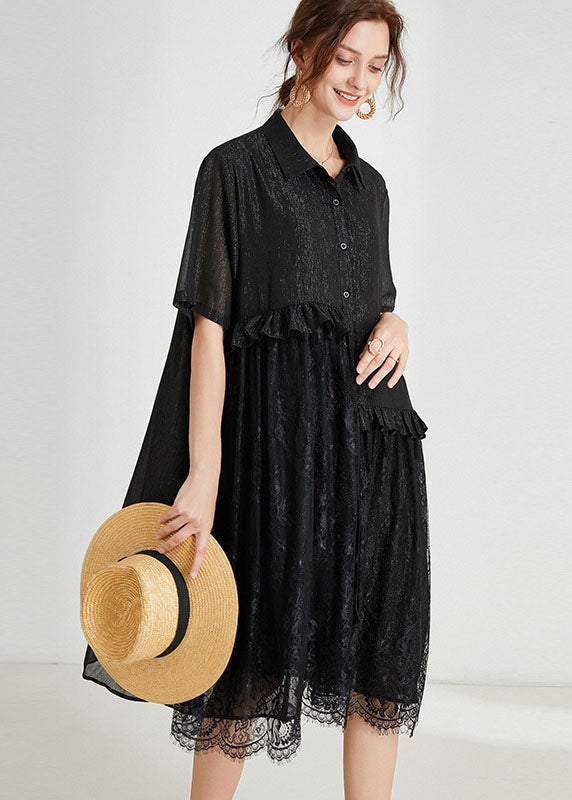 VCSHOES Loose Black Ruffles Lace Patchwork Chiffon Dress Summer