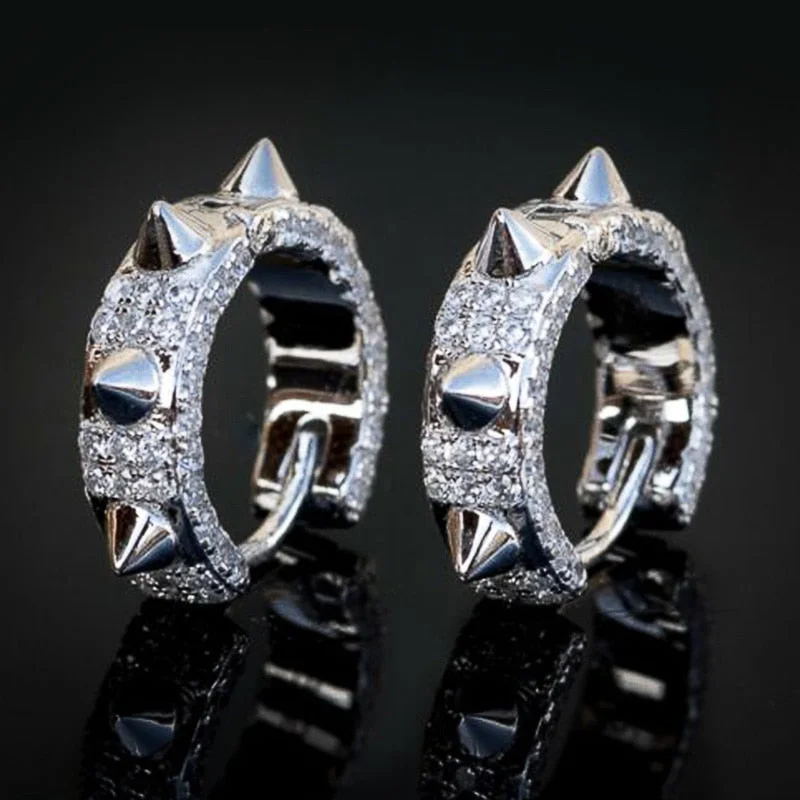 Hiphop Rivet Small Hoop Earrings for Women Shiny Cubic Zirconia Stylish Female Accessories Silver Color Geometric Jewelry