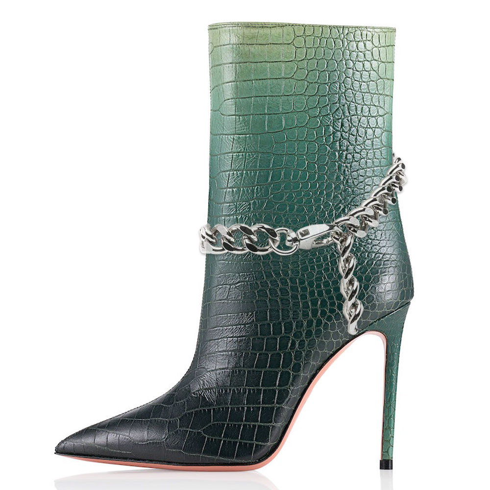 Green Gradient Croco Embossed High Heel Boots with Metal Chain Nicepairs