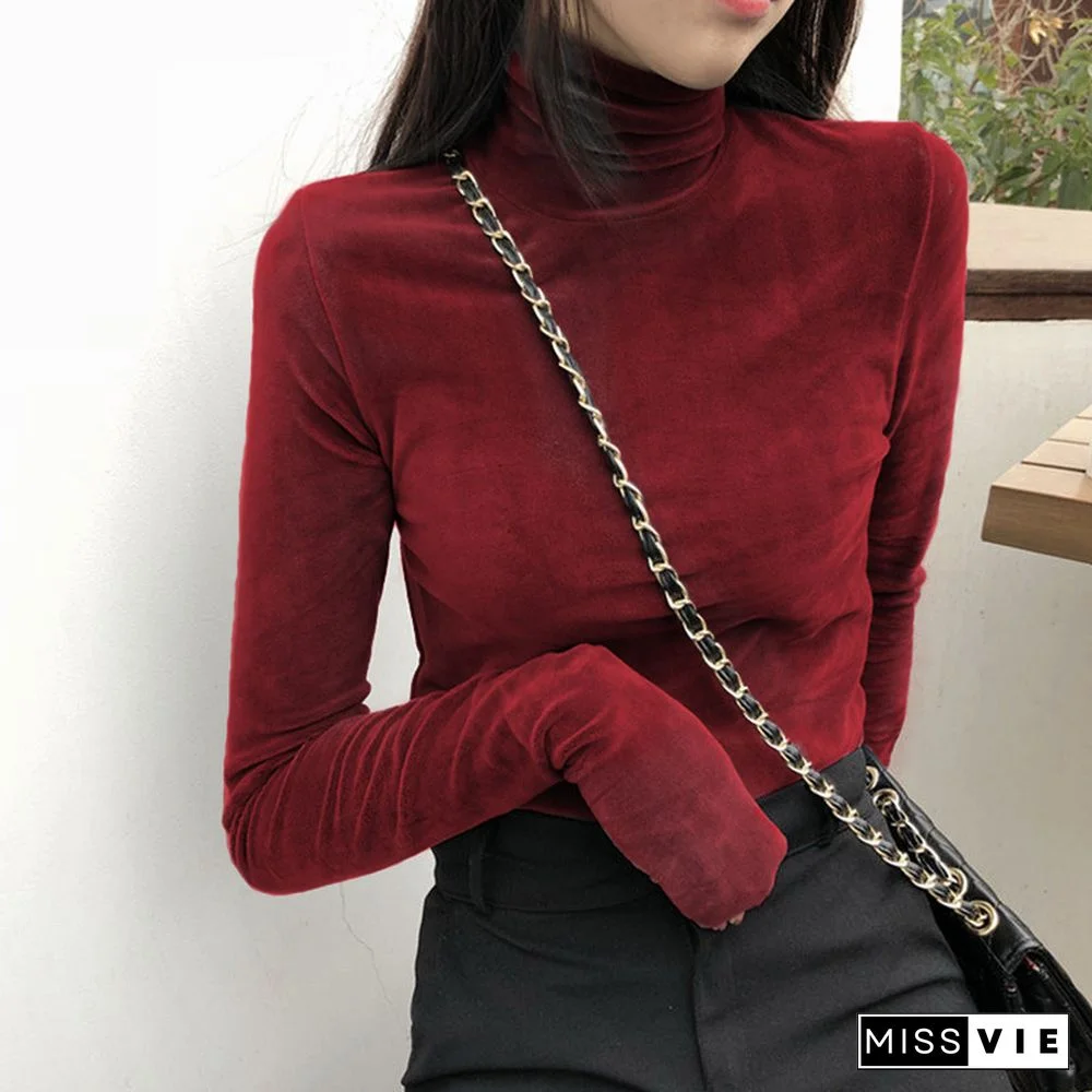 T-Shirts Women Thickening Aesthetic Solid Turtle Neck 7 Colors Long Sleeve Slim Lady Autumn Basic Tee All-Match New Chic