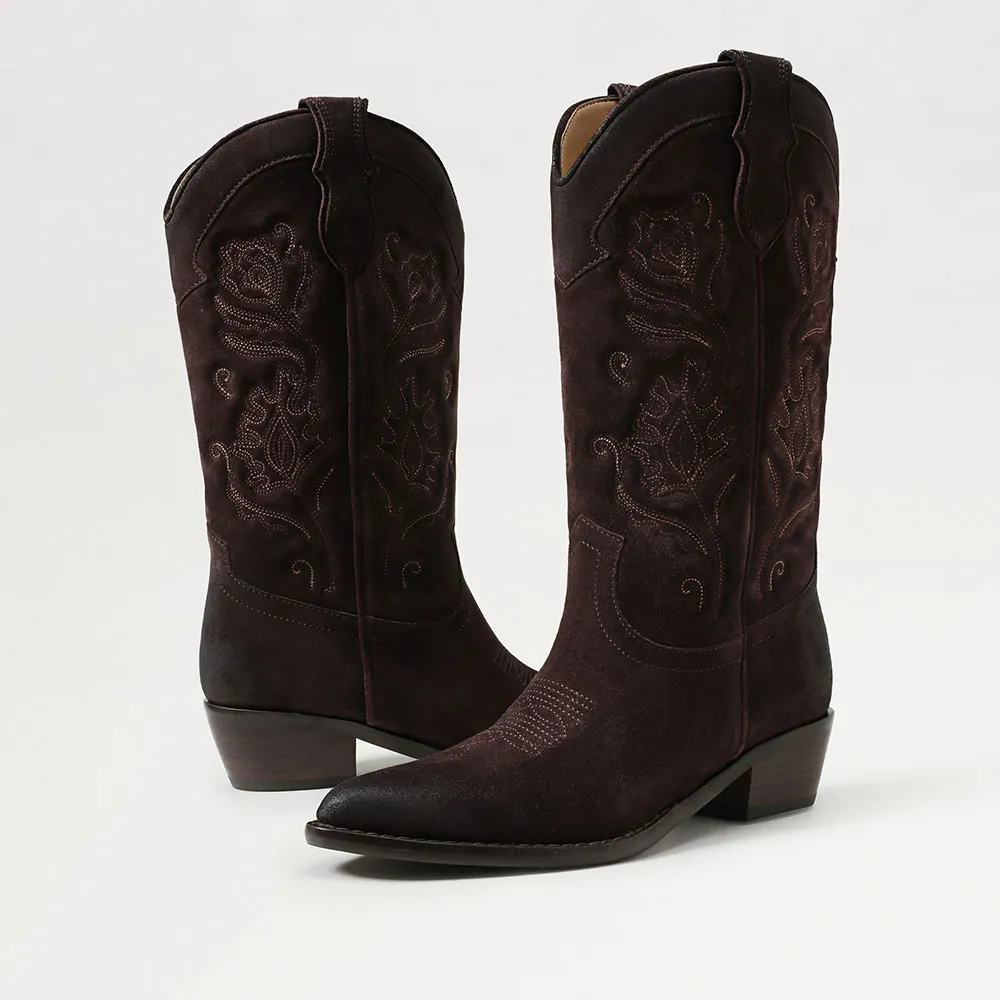 Faux Suede Mid Calf Embroidered Chocolate Brown Cowgirl Boots