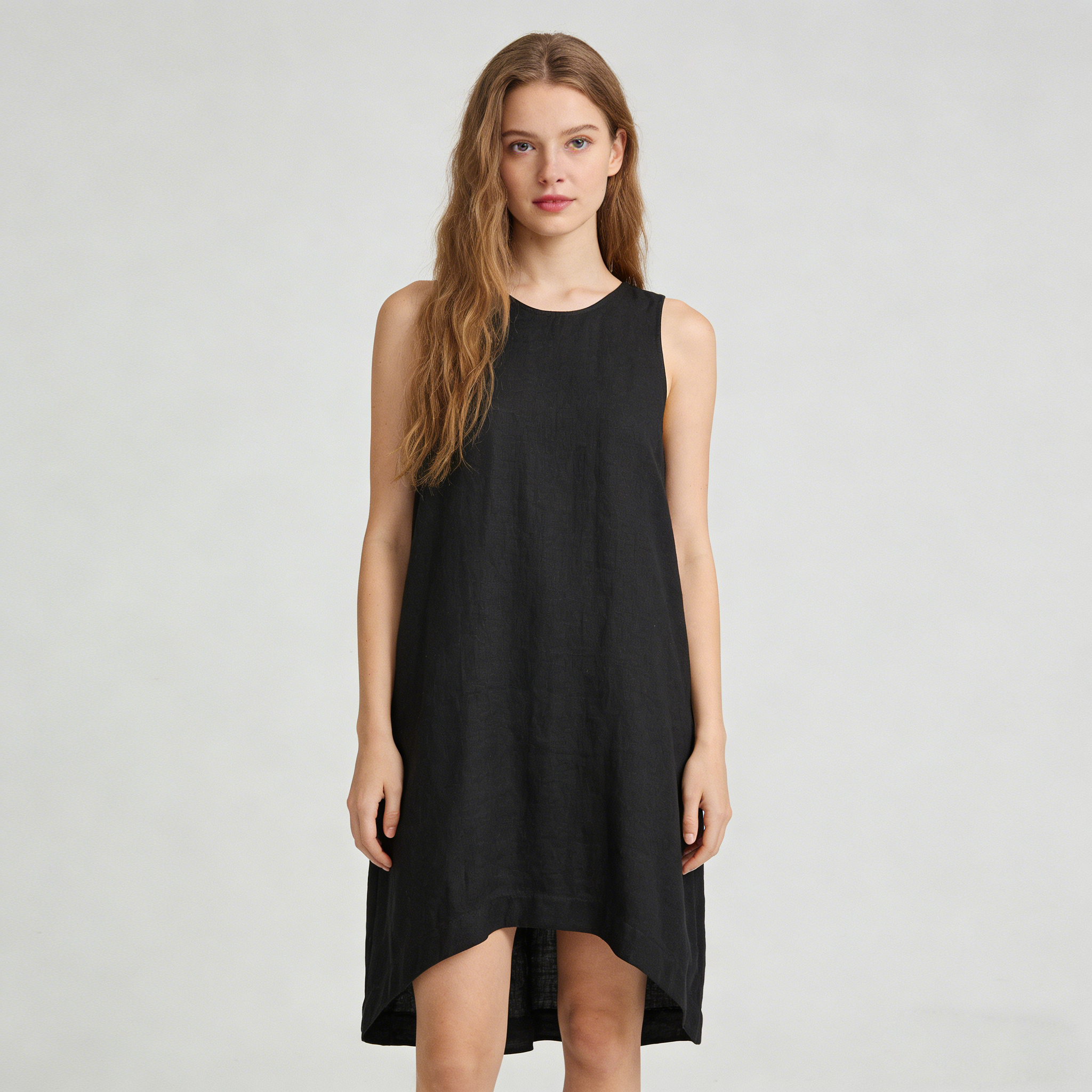 Linen Shift Dress Women 100% Linen Sleeveless High Low Summer Dress Breathable REAL SILK LIFE