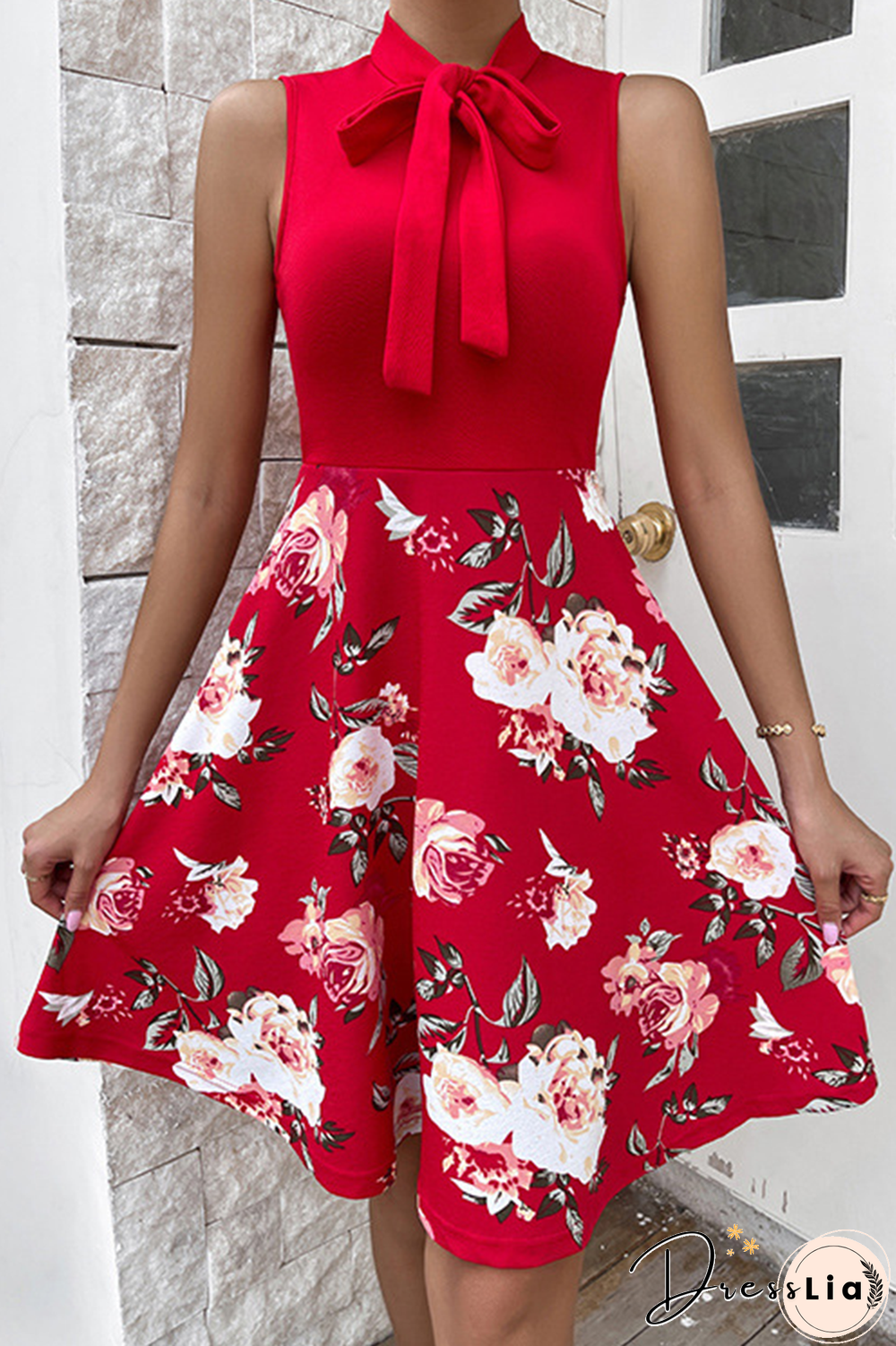 Fashion Print Bandage O Neck Cake Skirt Dresses(4 colors)