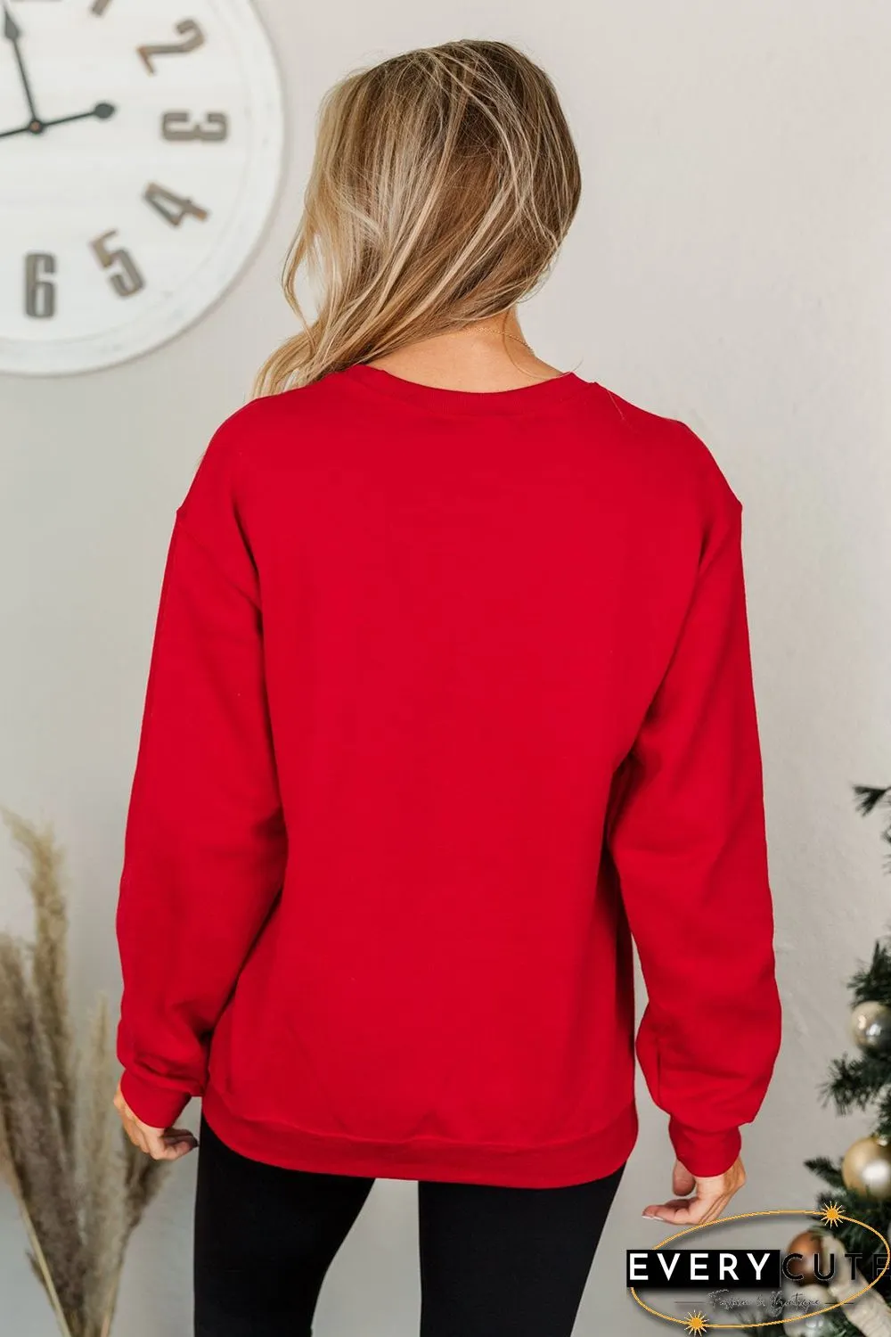 Red Christmas Tree Letter Graphic Print Long Sleeve Sweatshirt