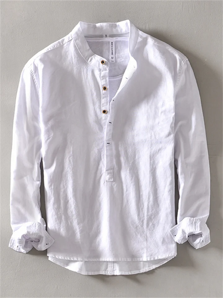 Cotton Linen Tops Men's Casual Shirt Slim Solid Color Collar Pullover Cotton Linen Shirt-JRSEE