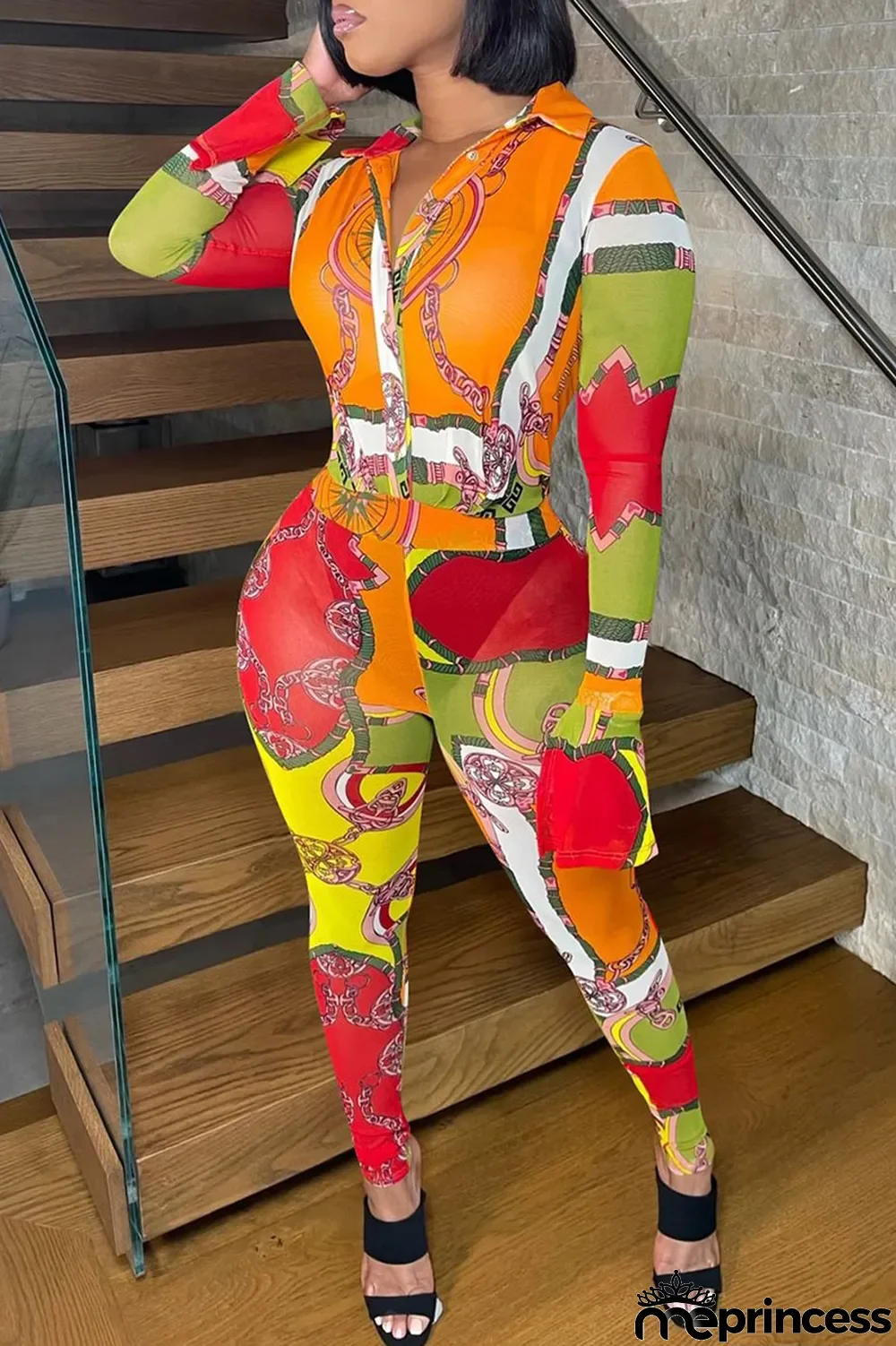 Purple Sexy Print Split Joint Buckle Turndown Collar Regular Jumpsuits