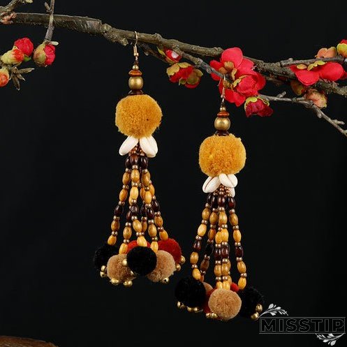 Retro national style contrast color pommel Earrings exaggerated personality Bohemian holiday long tassel temperament Earrings women
