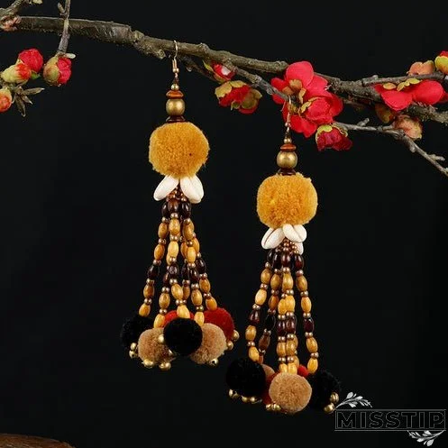 Retro national style contrast color pommel Earrings exaggerated personality Bohemian holiday long tassel temperament Earrings women