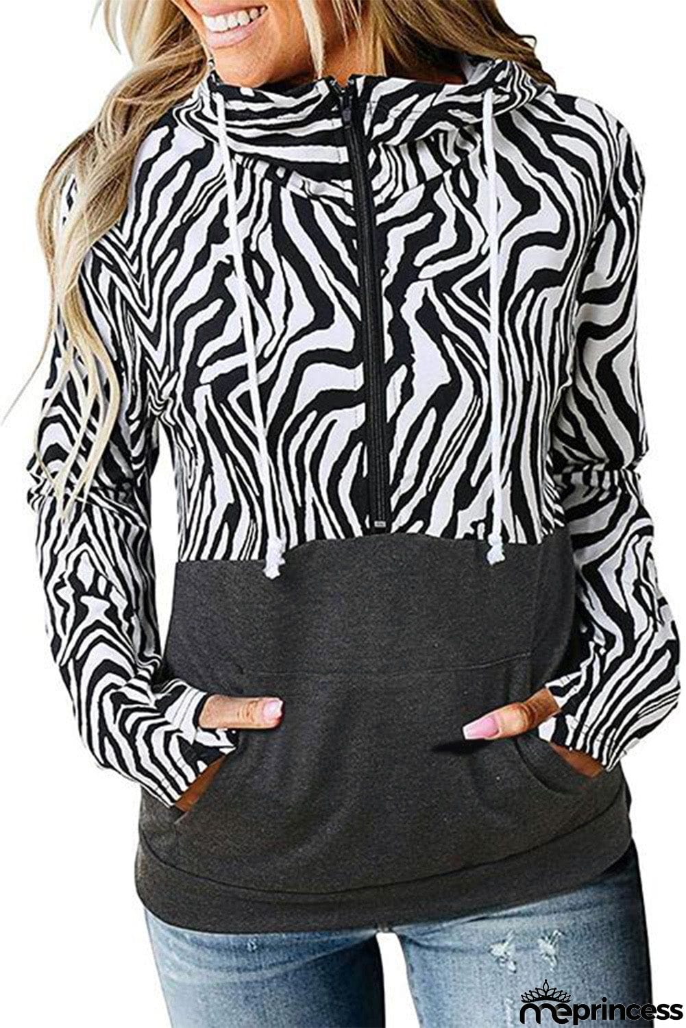 Zebra Print Patchwork Hoodie with Kangaroo Pocket