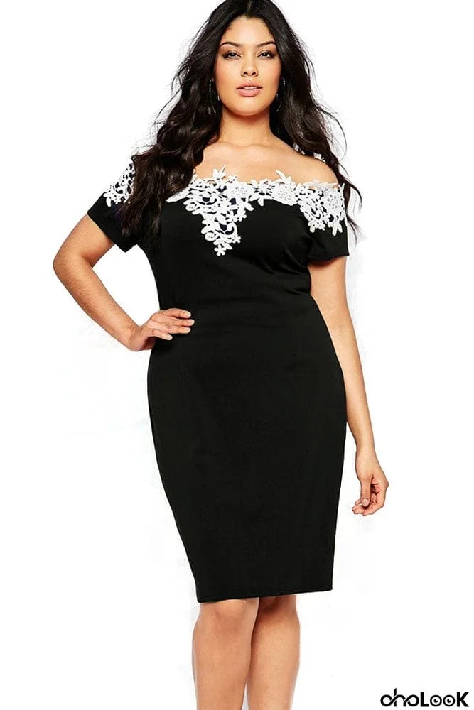 Lace Crochet Off Shoulder Black Plus Size Pencil Dress